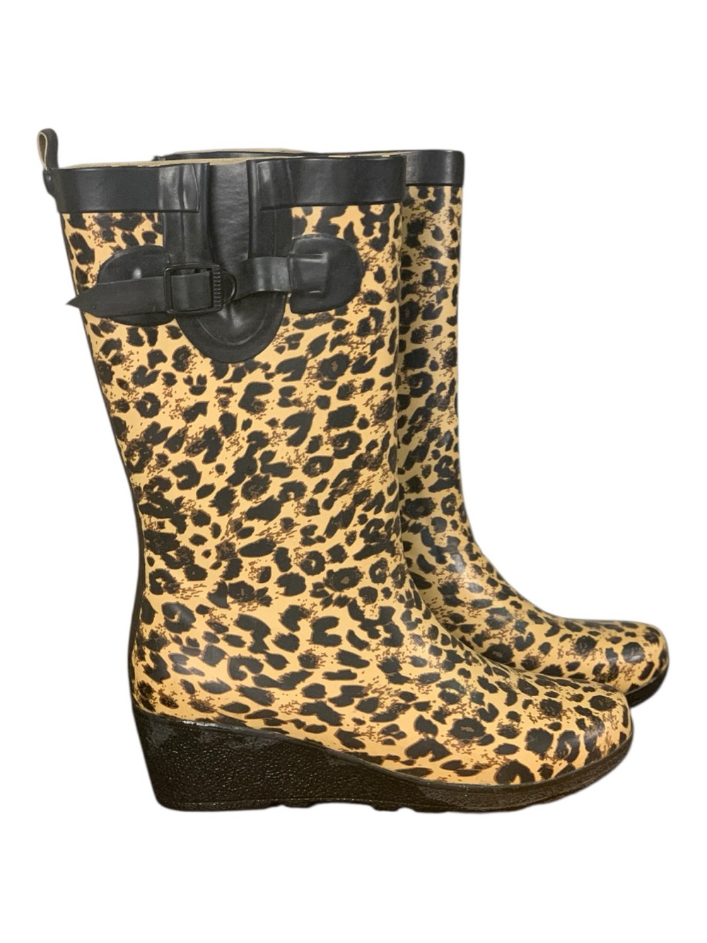 Capelli NY Chic Leopard Print Rubber Wedge Pull‎ On Rain Boots Size 10